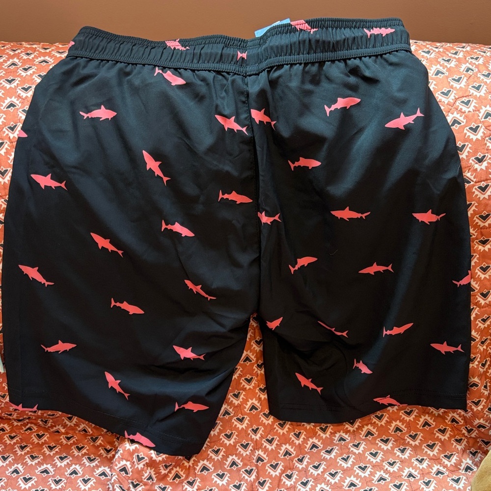 Men's Black Swim Board Shorts with Pink Shark Print - Picture 3 of 3